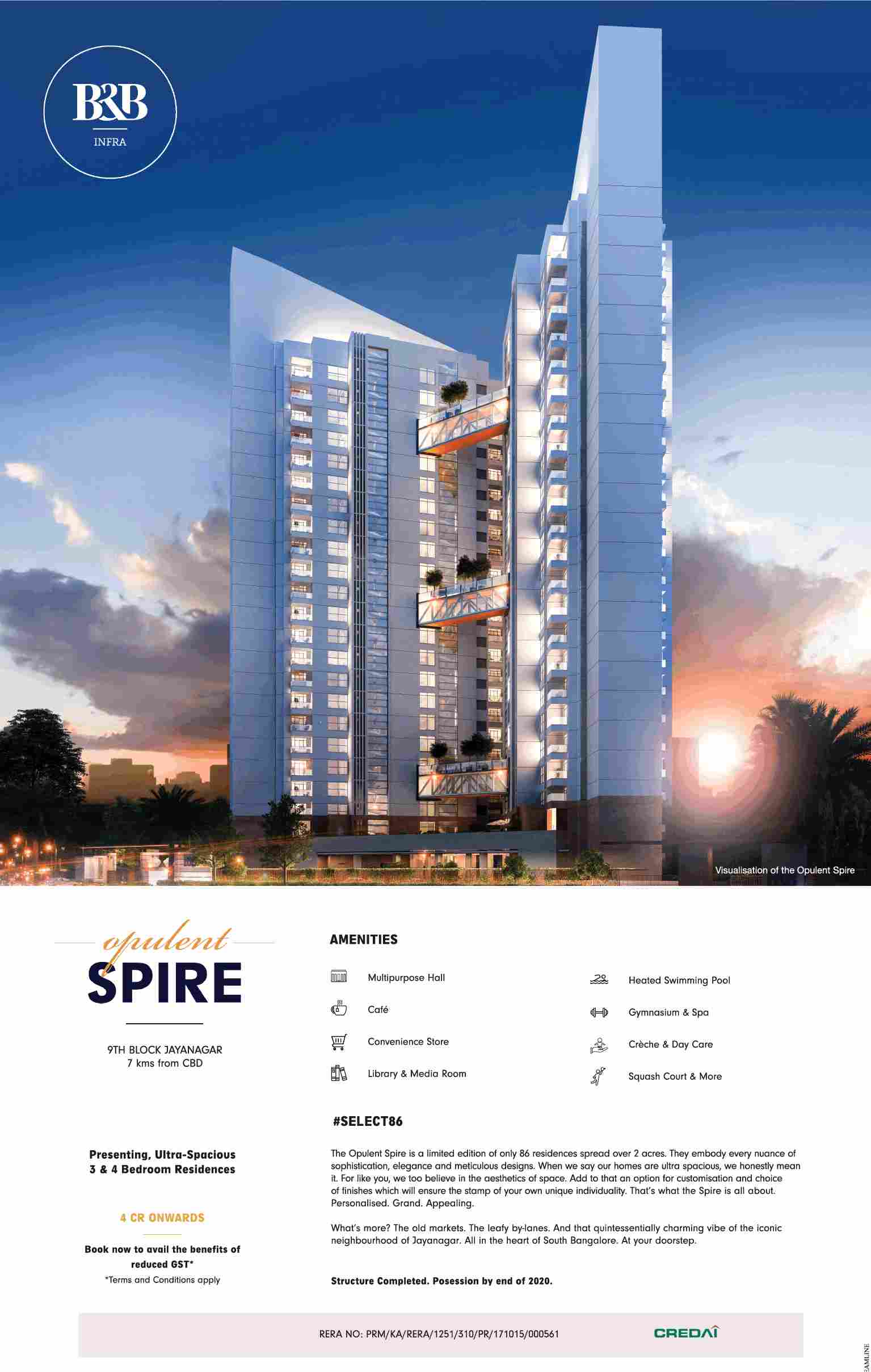 Book ultra spacious 3 & 4 bedroom residences @ 4 cr at B&B Opulent Spire in Bangalore Update